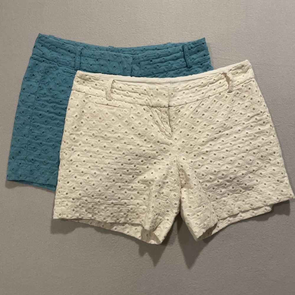 (2) Ann Taylor LOFT Riviera Shorts Eyelet Turquoise & Ivory Sz 0 Soft Cotton EUC